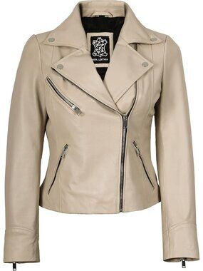 Women’s Real Lambskin Leather Asymmetrical Moto Biker Jacket- Beige